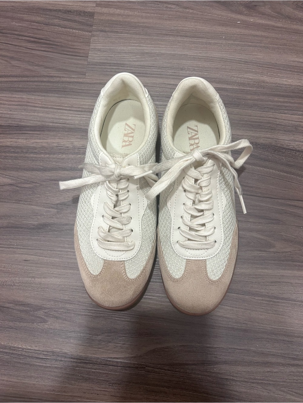 Zara Women's Knit Fashion Sneakers in Cream & Light Brown